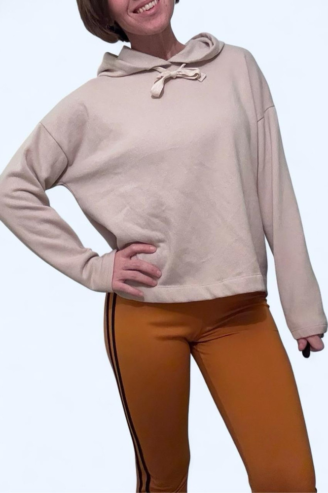 Women's Pullover Hoodie Beige Fleece Hooded Drawstring Long Sleeve M