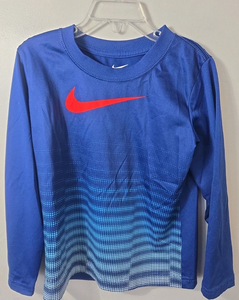 Nike Dri-FIT Boys Size 6 Long Sleeve Shirt Blue Athletic Tee Swoosh 5-6 Yrs