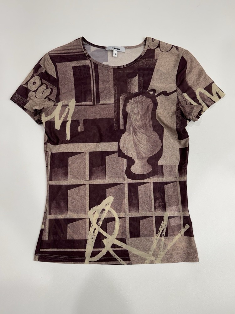 Miaou Abstract Statue Graphic Mesh Tee Size S Brown Beige Art Print Top-image