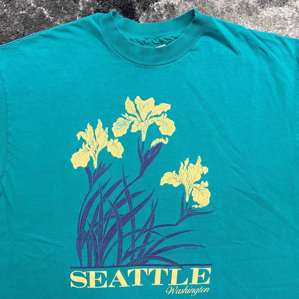 Vintage Flower Shirt Mens Large 90s Single Stitch Seattle Washington Floral Blue