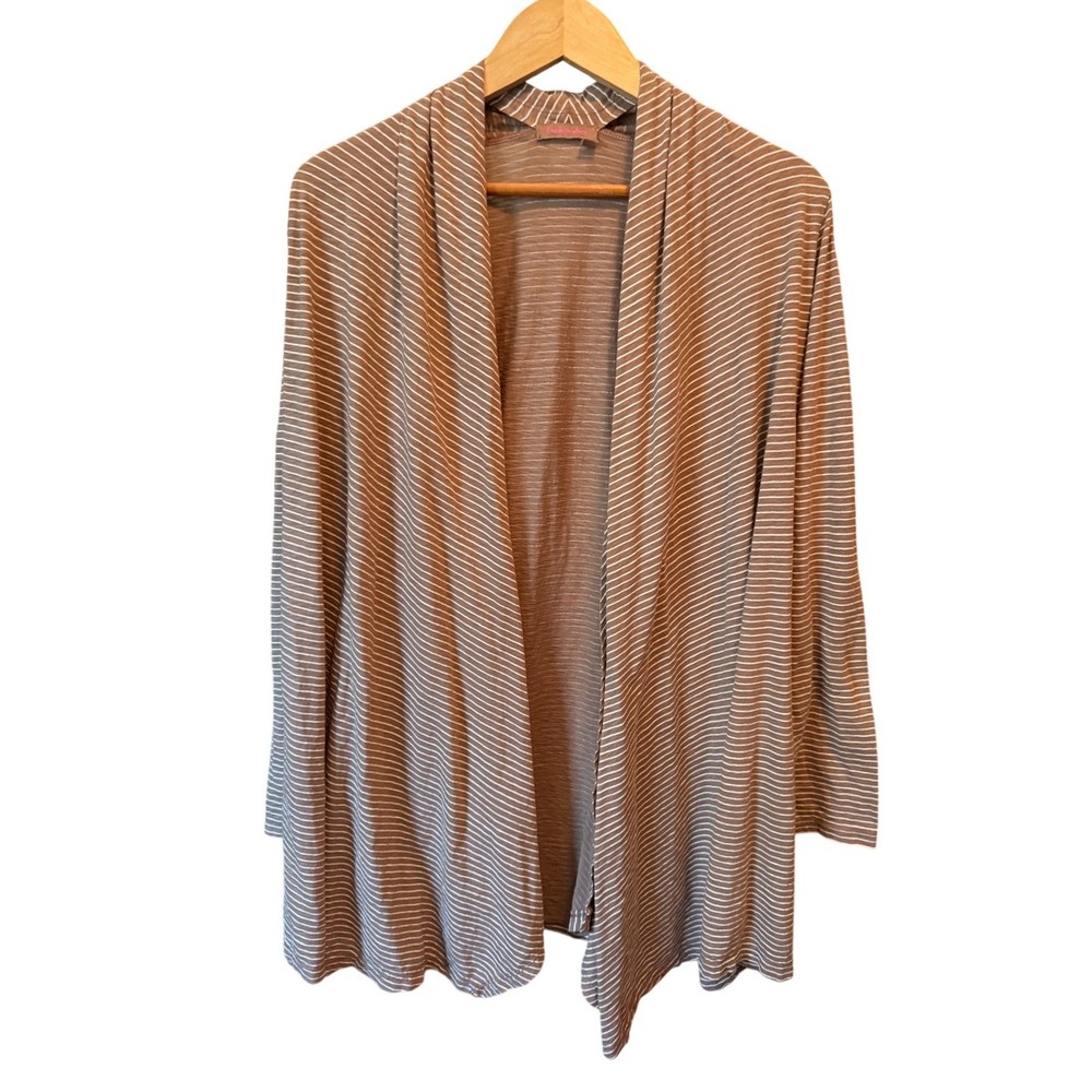 Fresh Produce Womens Tan White Striped Open Front Cotton Cardigan Medium/Large