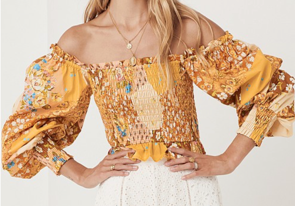 SPELL & THE GYPSY Smocked FREDA SHIRRED BLOUSE TOP Amber Patchwork Orange XS
