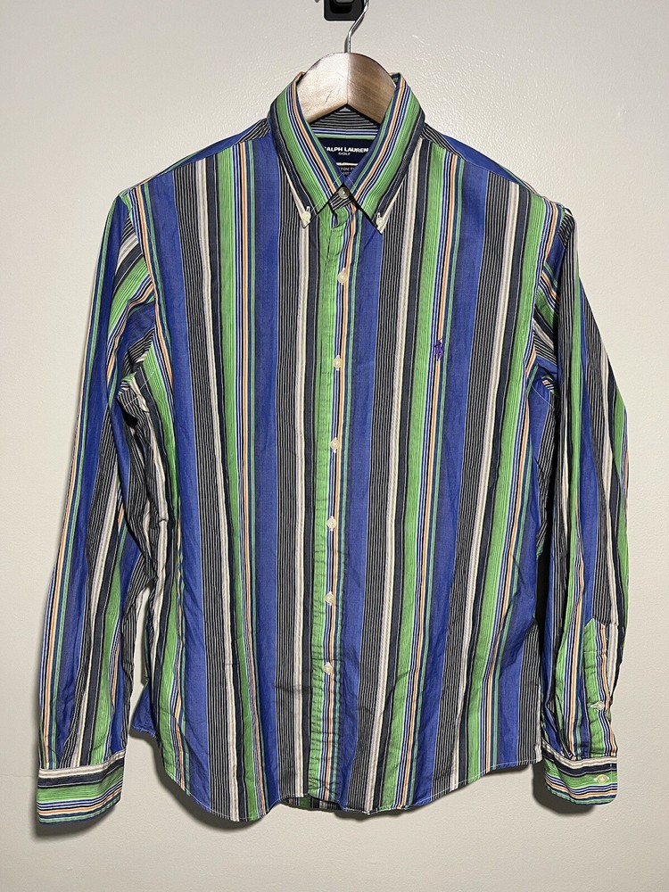 VTG Polo Ralph Lauren Golf Custom Button Down Shirt Blue Striped Mens Medium