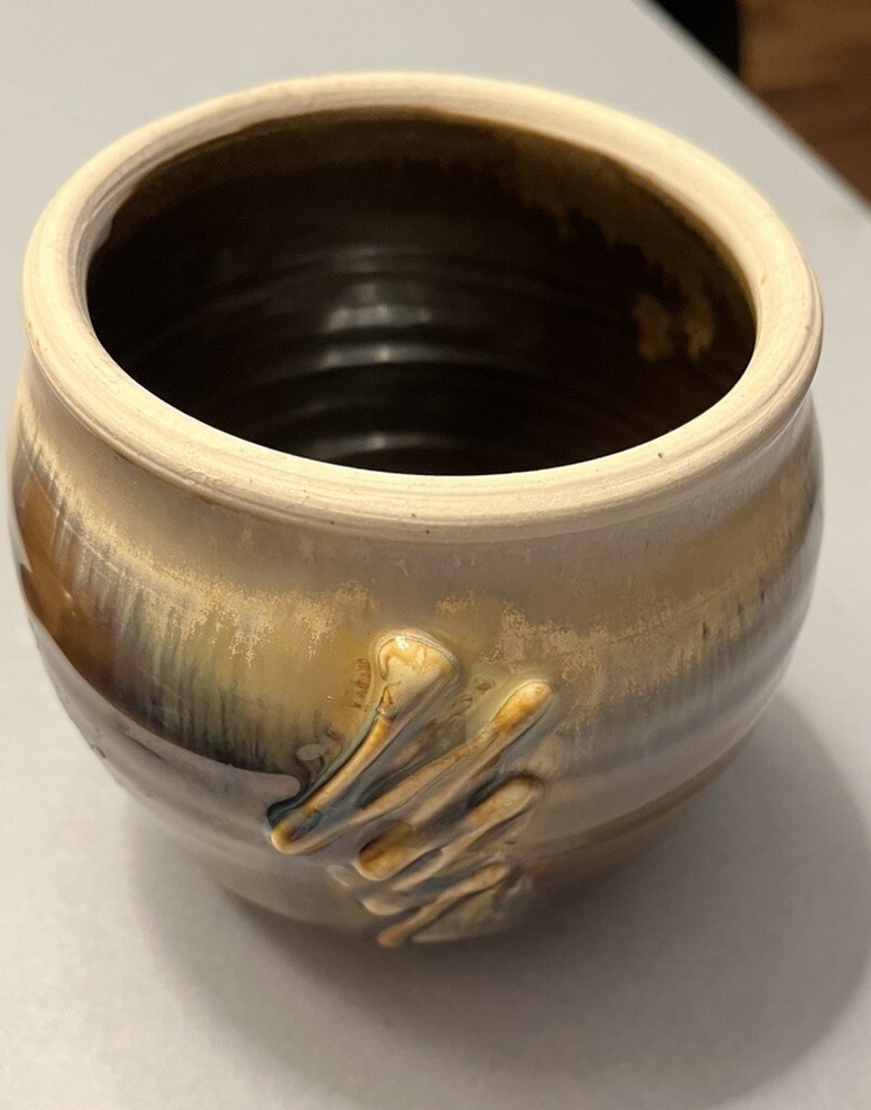 Studio Art Pottery Vase with Cream and Brown Drips, Signed on Bottom