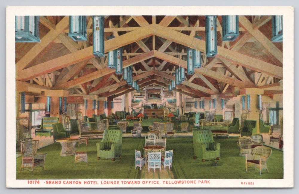 Yellowstone Park Grand Canyon Hotel Lounge Vintage Linen Postcard Haynes