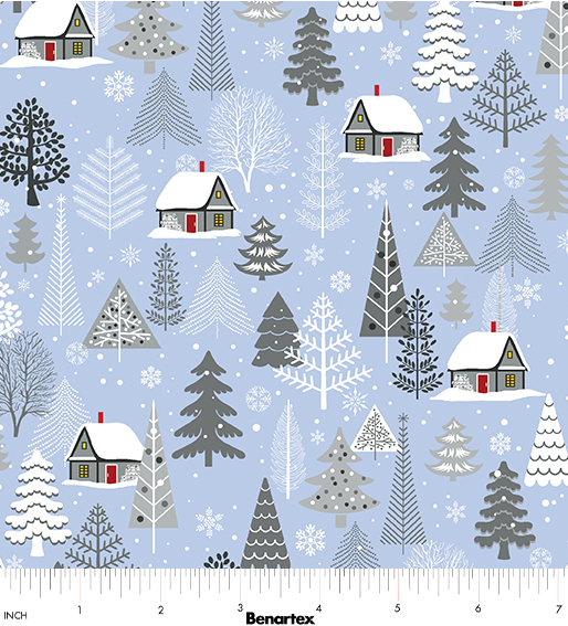 Christmas Nordic Cabin Fabric Snow Tree Pearl Accent Cotton Benartex By The Yard-image