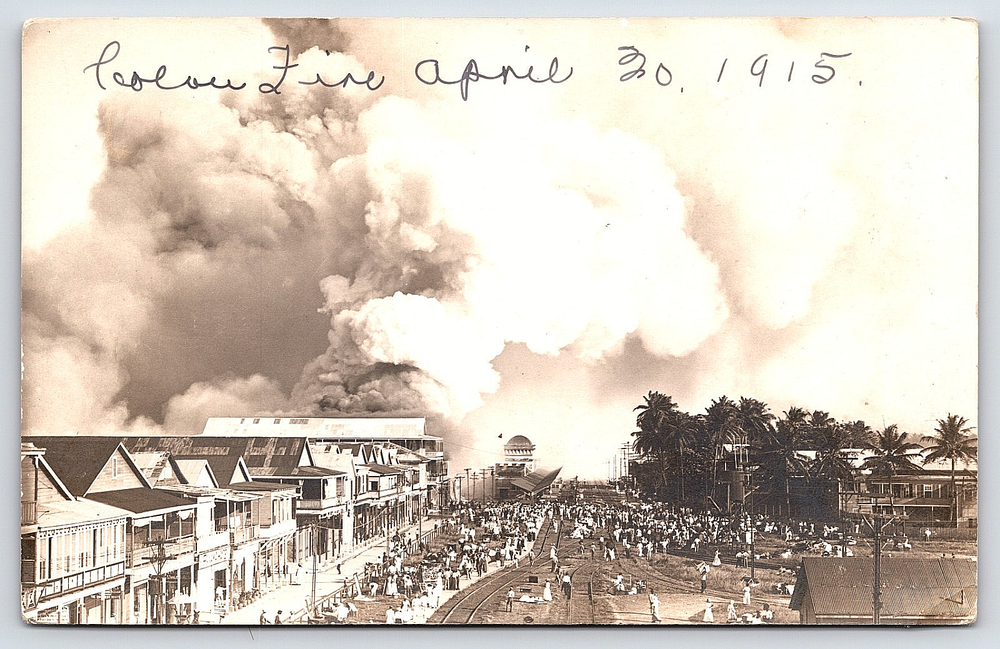 COLON PANAMA CITY FIRE SMOKE PEOPLE VINTAGE REAL PHOTO POSTCARD PICTURE 1915