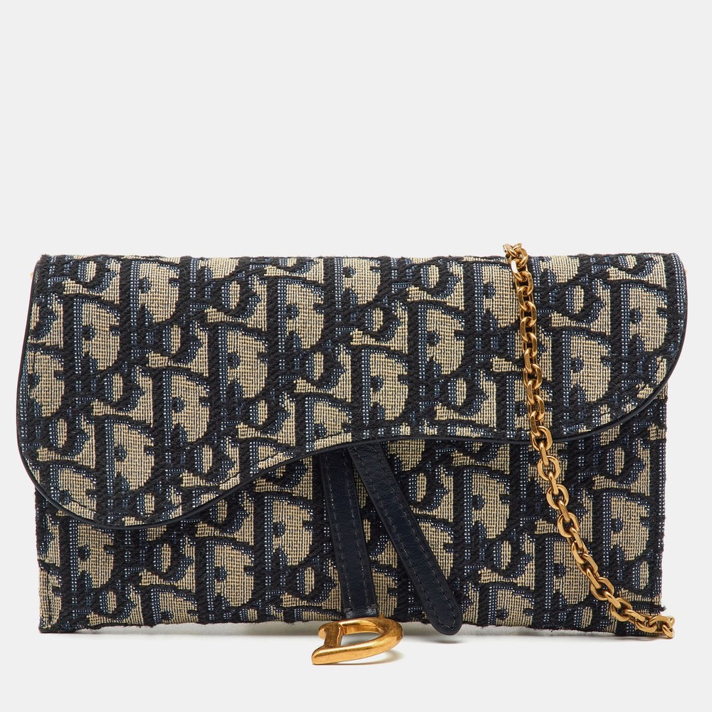 Dior Navy Blue Oblique Canvas Leather Saddle WOC Wallet On Chain
