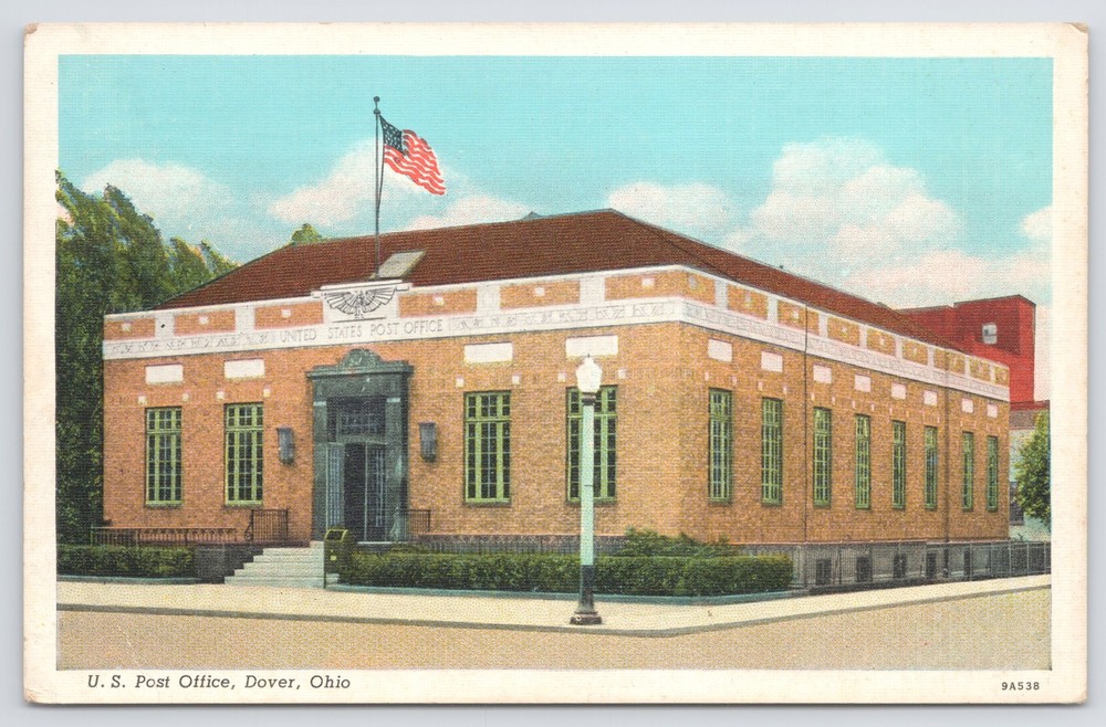 Dover Ohio~US Post Office~Doors Open~Linen Postcard