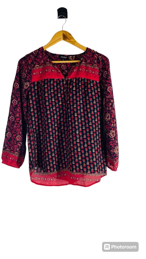 Lucky Brand 1990 Boho Geometric V-Neck Long Sleeve Blouse Top Size S