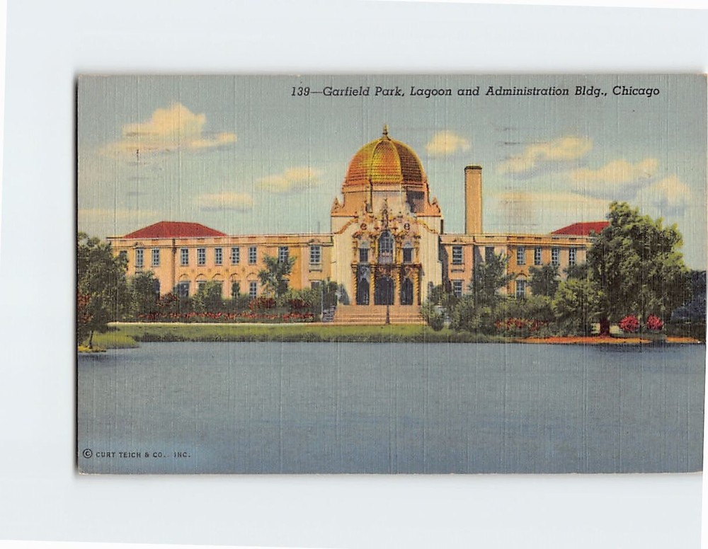 Postcard Garfield Park Lagoon and Administration Building Chicago Illinois USA