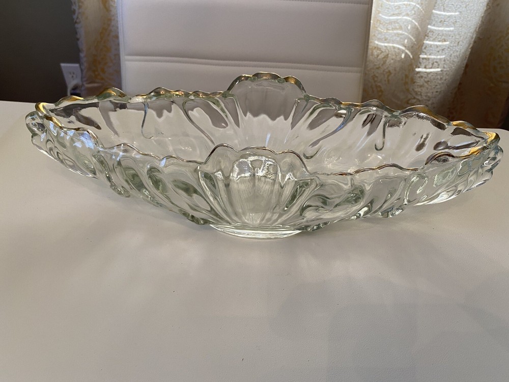 Vtg MCM 1950s Jeannette Clear Glass Gondola Bowl Gold Rim Good Condition 15”