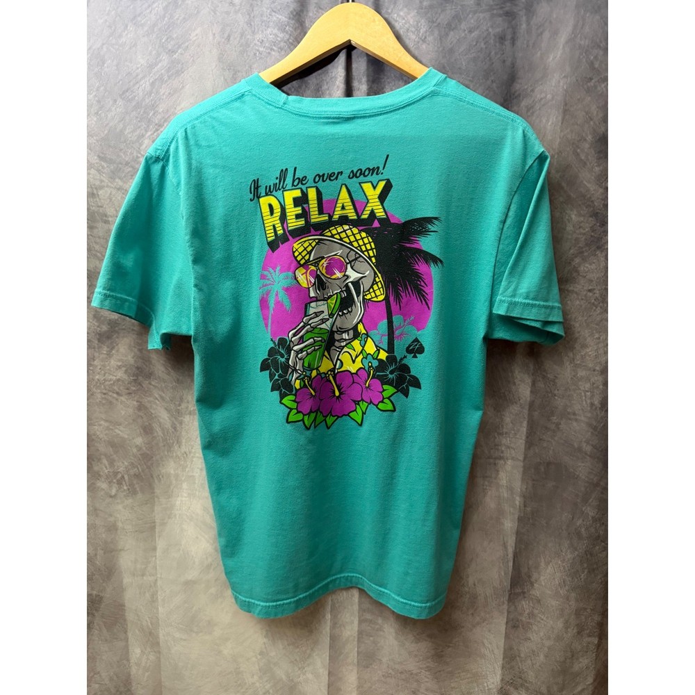 Zero Foxtrot Relax Skeleton Tropical Graphic T-Shirt Teal Mens Large