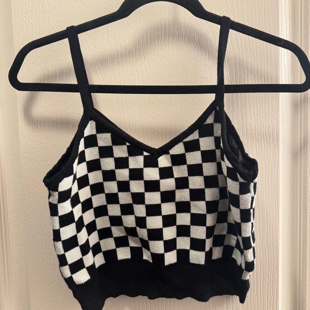 Y2K Black White Checkerboard Knit Crop Tank Top Grunge Indie Size M
