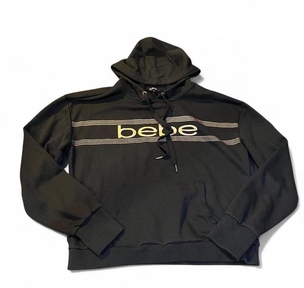 Bebe Sport Sweatshirt Women’s Size XL Black Hoodie Pullover Gold BEBE LOGO