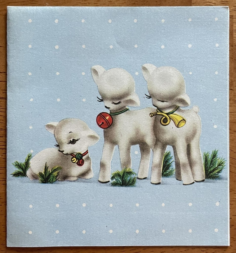 Vintage Christmas Three Lamb Sheep Blue Polka Dot Greeting Card 1940s 1950s