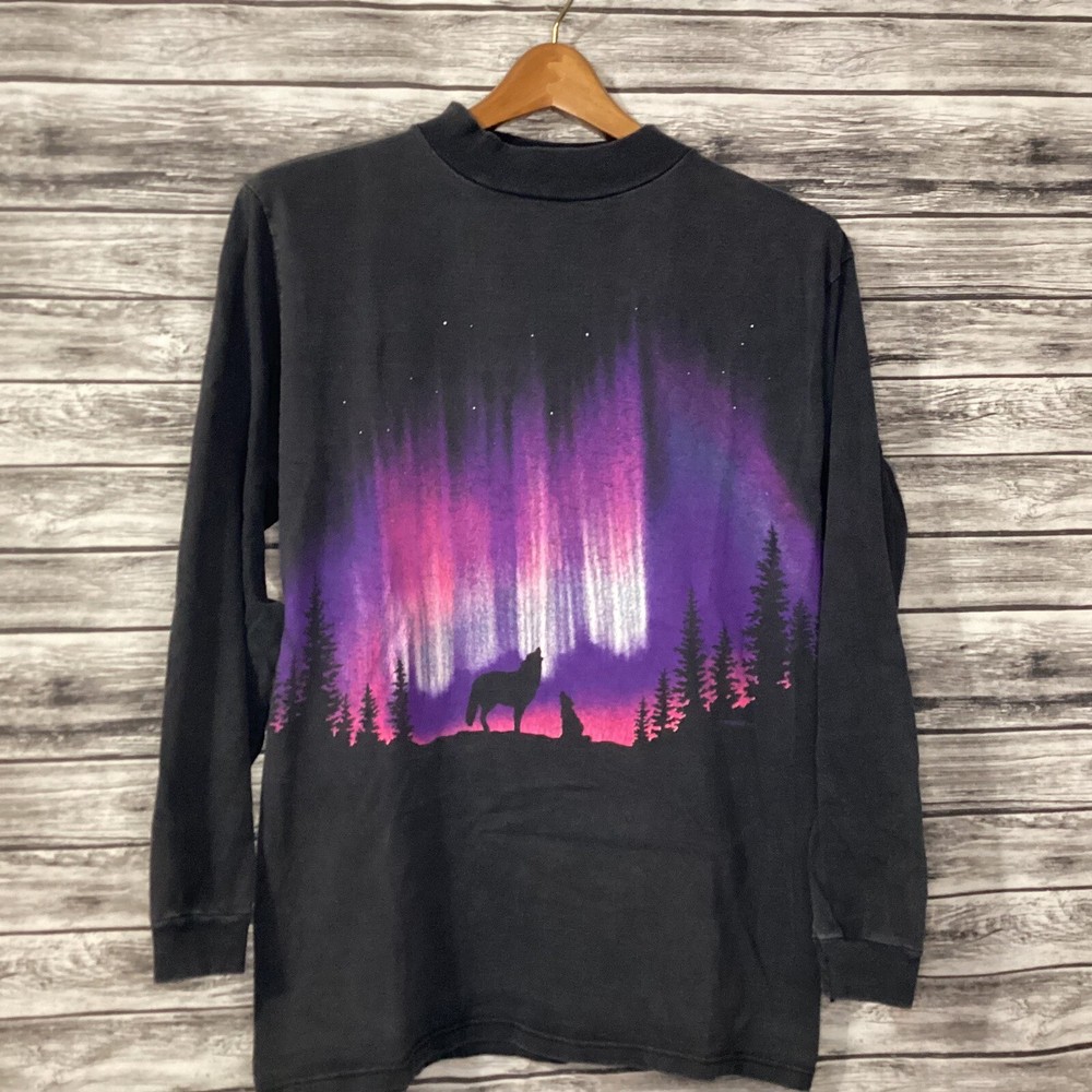 Vintage Northern Lights Shirt Men Medium Black Habitat XCIII Wolf Graphic Tee
