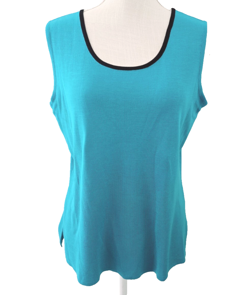 MING WANG Turquoise Blue SWEATER KNIT TANK TOP w/BLACK TRIM Sleeveless Shell S