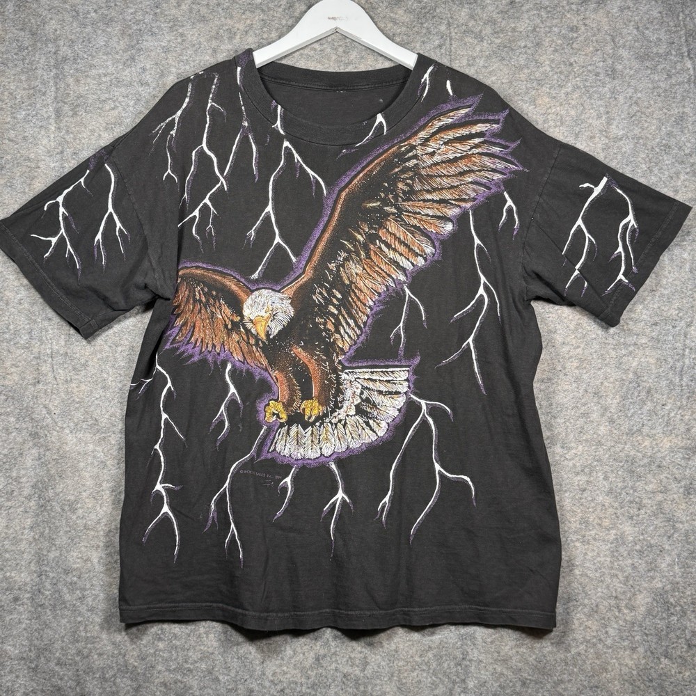 Vintage 90s American Thunder Style Bald Eagle AOP T Shirt Mens Size XL 24x29