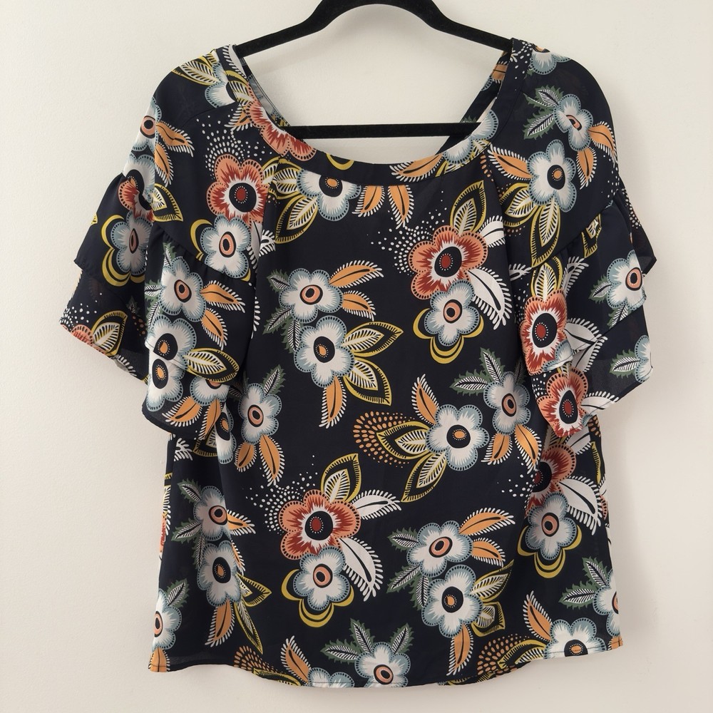 Ann Taylor Loft Floral Blouse Size Extra Small XS Boho Tie Back Beach Tropical