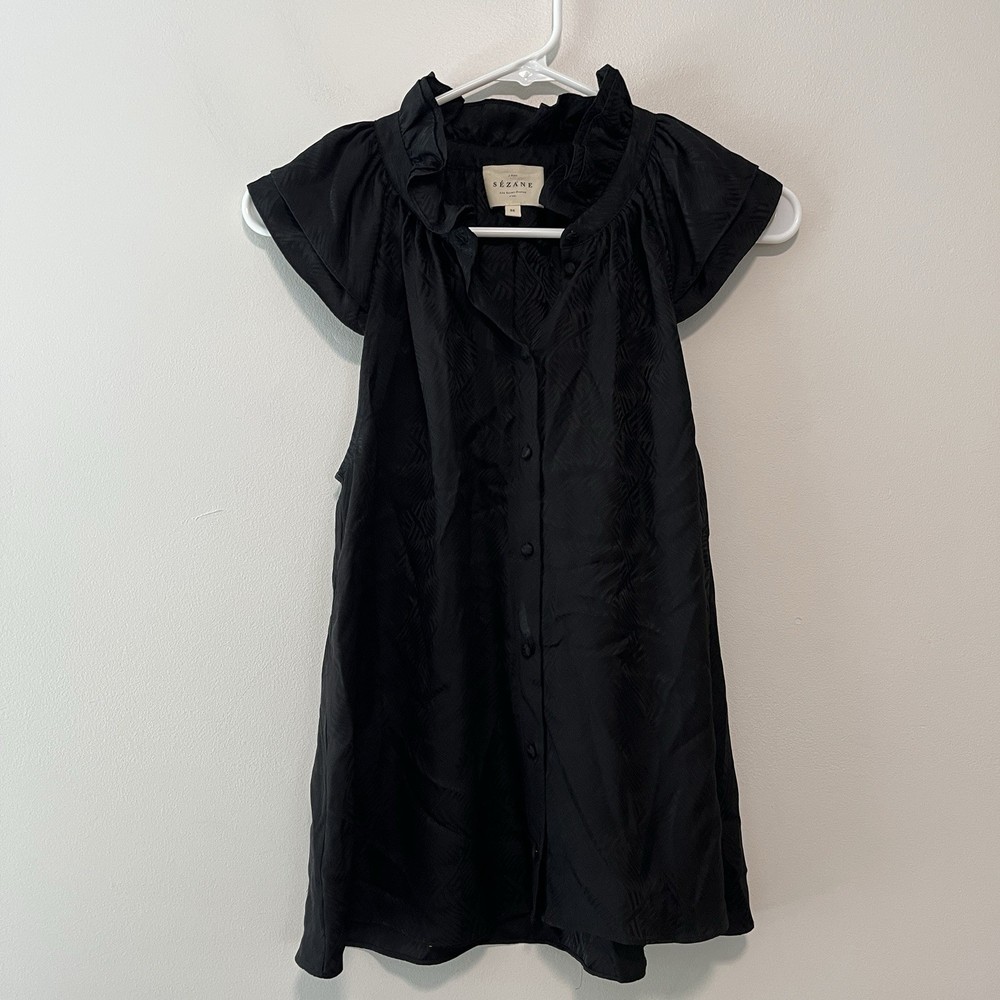 Sezane Black Silk Castelle Ruffle Neck Button Front Blouse Size 36
