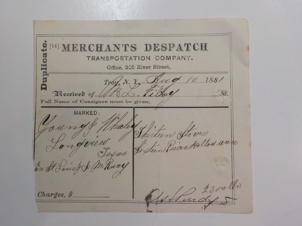 Antique Document 1881 Longview Texas Troy New York Merchants Despatch History