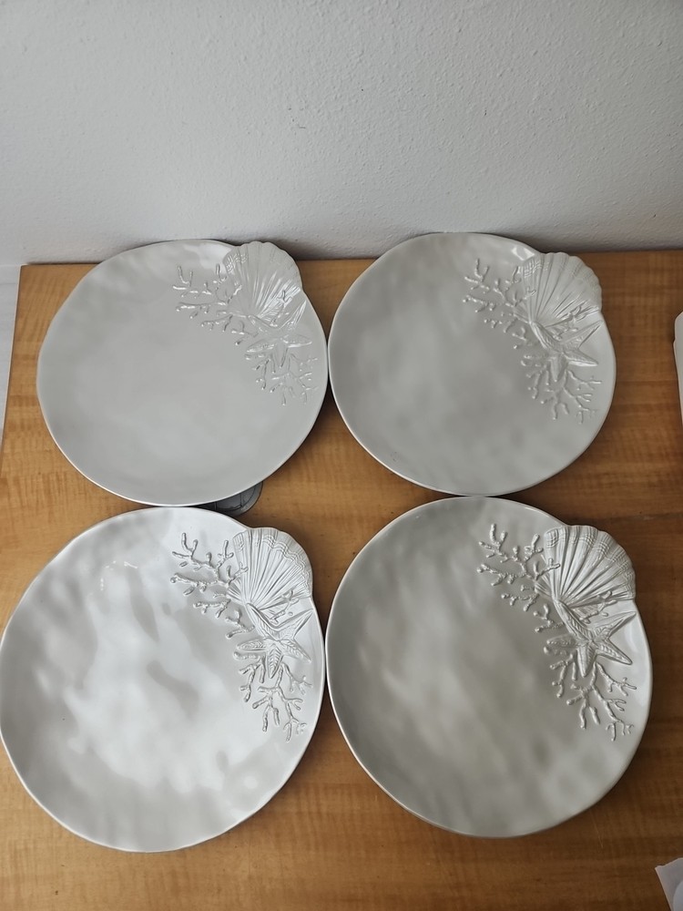 Sigrid Olsen Home (4) Melamine Embossed Dinner Plate Beige Pearlized Shells Set