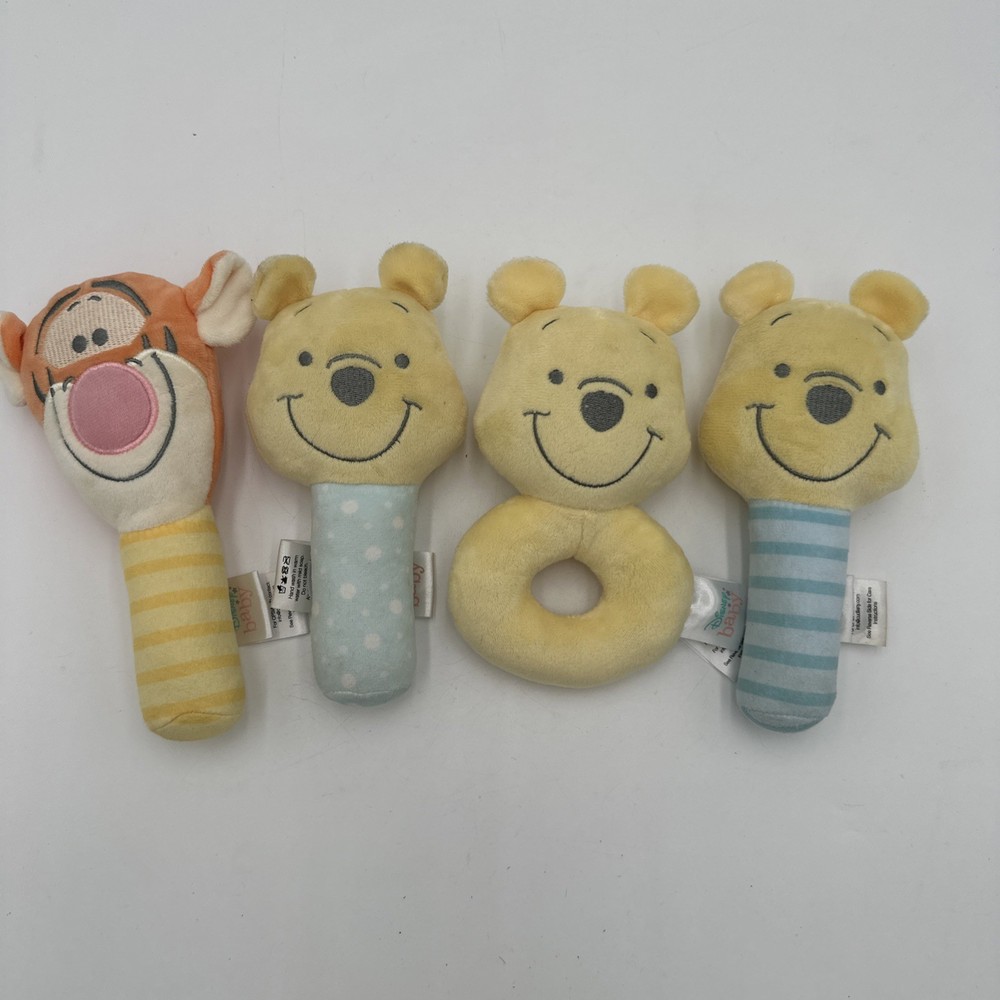 Lot Of 4 Disney Baby Winnie the Pooh and Tigger plush rattle toys