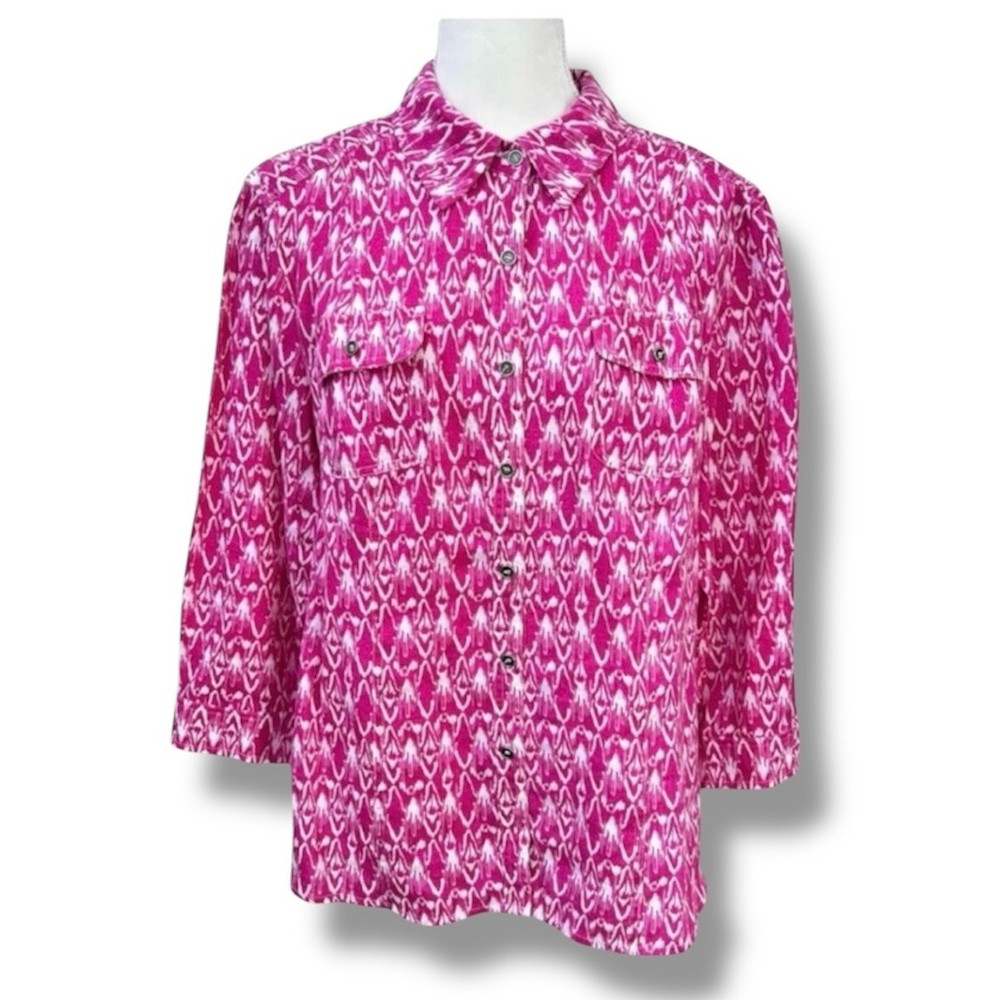 Style & Co Linen Top Women 16 Pink Ikat Button Up Shirt 3/4 Sleeve Summer Travel