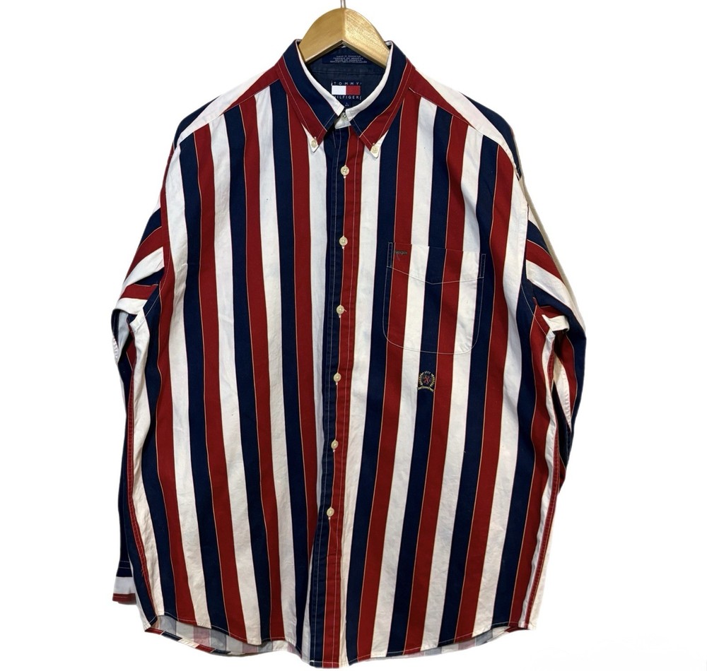 Vintage 90s Tommy Hilfiger Stripe Button Down Long Sleeve Shirt Crest Mens Sz L