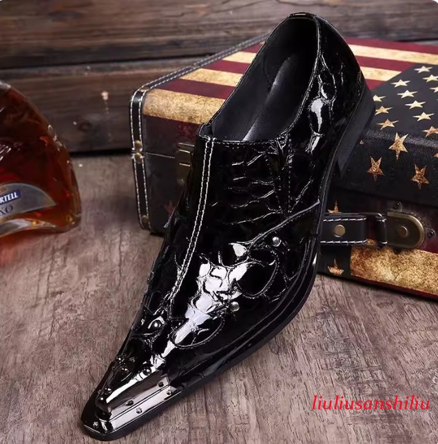 Men's Metal Pointed Toe Leather Dress Shoes Formal Business Casual Fashion Shoes
