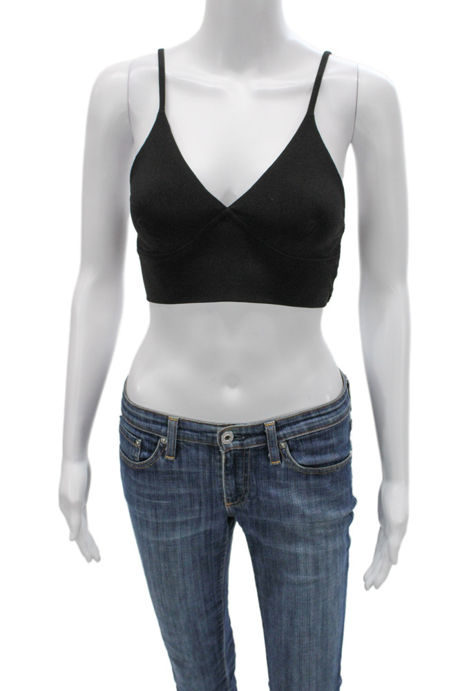 Norma Kamali Womens Spaghetti Strap Stretch Knit V Neck Sports Bra Black Size XSFree Shipping in US $100+ Orders | $6.95 Orders Below