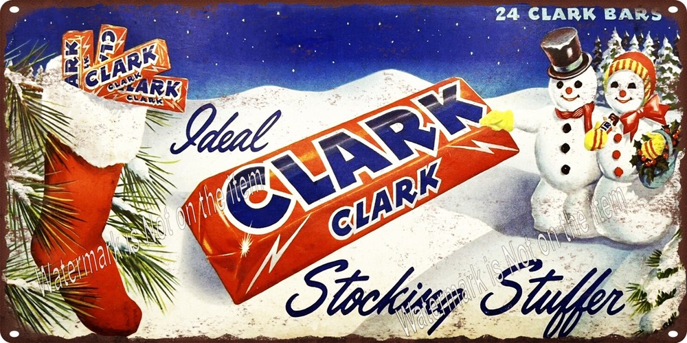 Clark Candy Chocolate Bar Christmas Stocking Snowmen Metal Sign 6x12