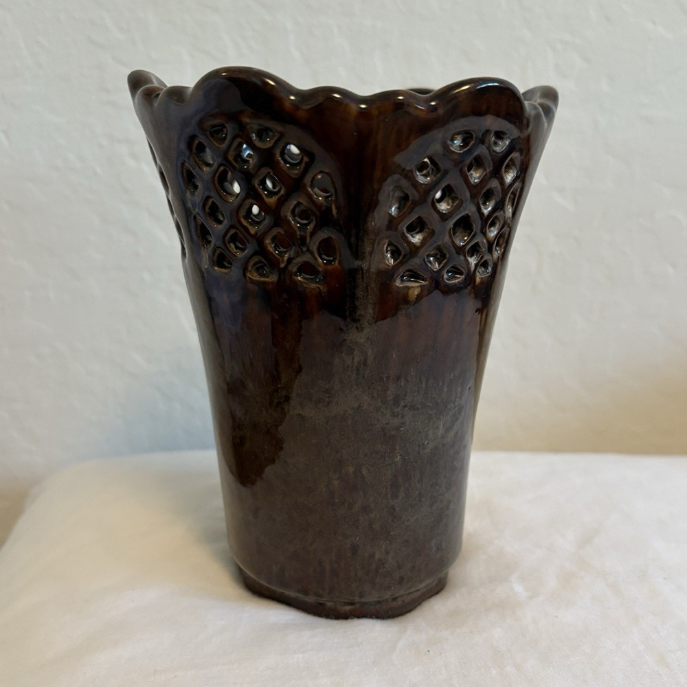 Brown Ceramic Vase w Scalloped Rim, Glossy Glazed Finish, 6 in Tall