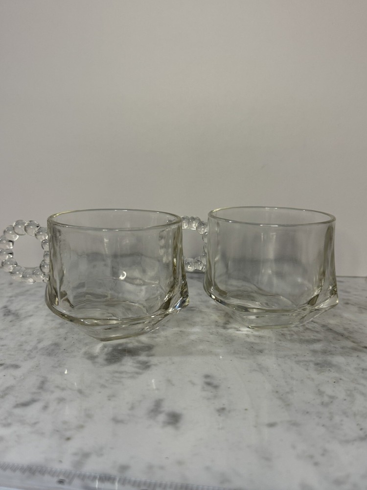 Vintage Anchor Hocking Glass Company Clear Pearl Crystal Punch Tea Cups Set 2