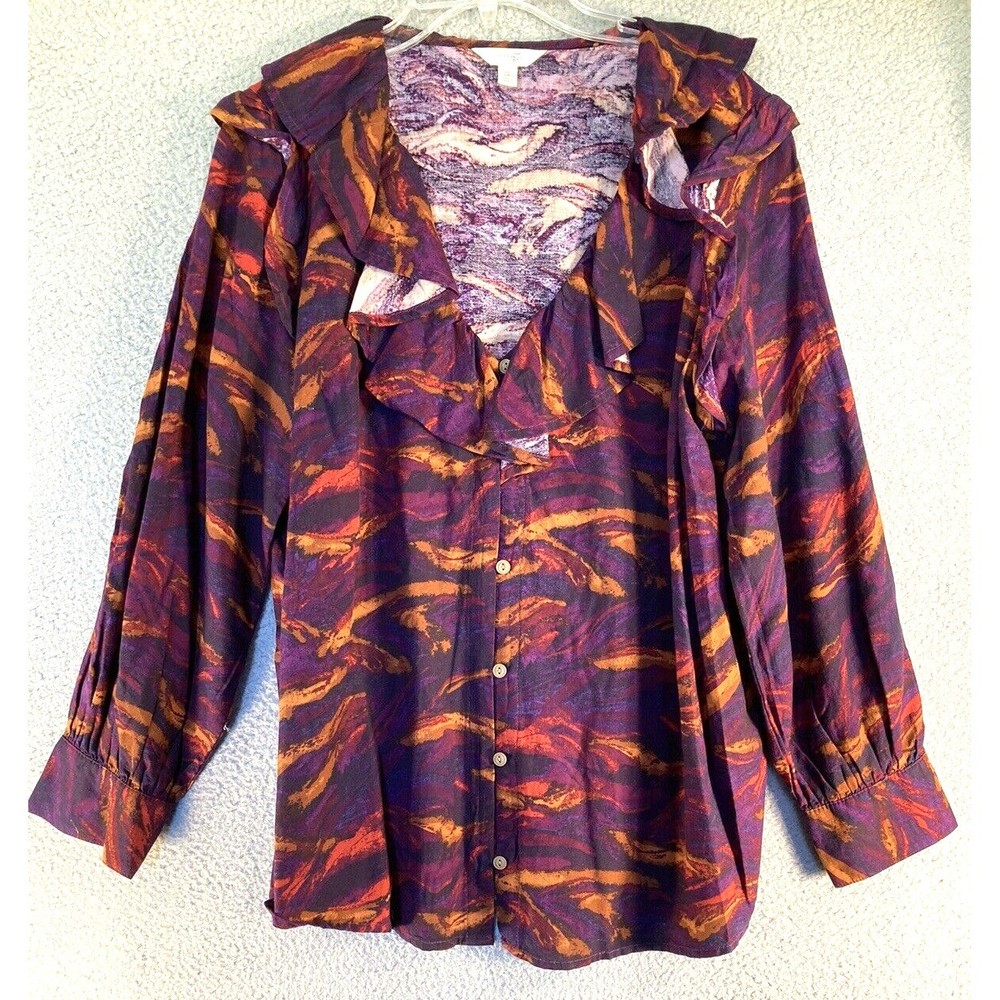 Terra & Sky Blouse Womens 0X 14W Purple Orange Abstract Ruffle Button Front Top