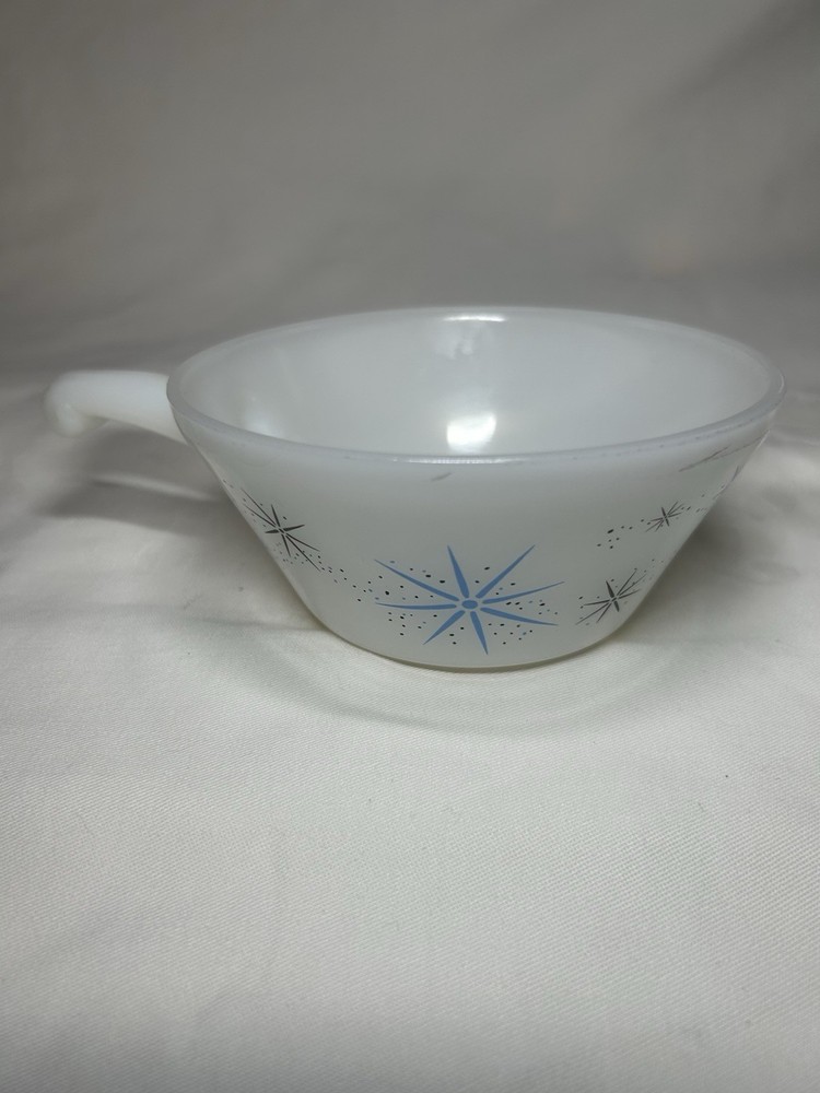 Vintage Glasbake Atomic Starburst MCM Blue Milk Glass Soup Bowl with Handle