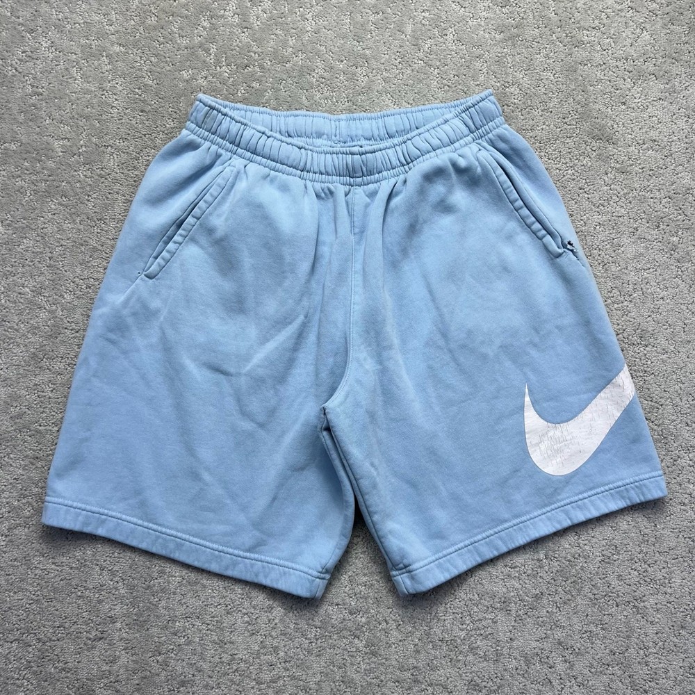 Nike Fleece Shorts Mens Medium Light Blue White Big Swoosh Logo Sportswear