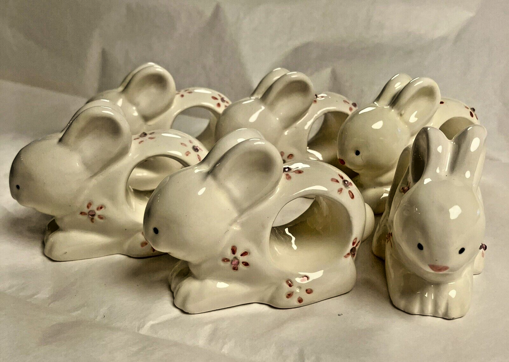 Ceramic Bunny Rabbit Easter  Napkin Ring Holders White w/Pink Flowers Set of 6