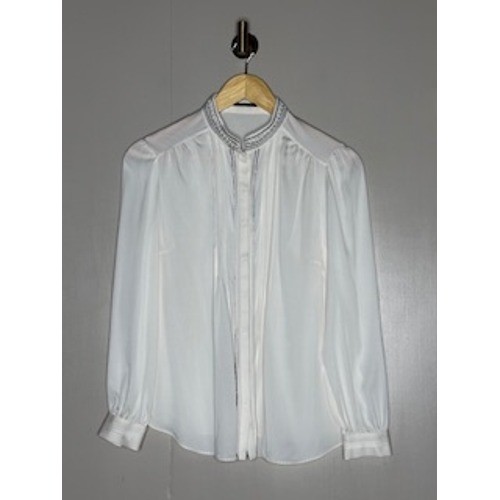Elie Tahari Silk Blouse Ivory Beaded Collar Button Front Womens S