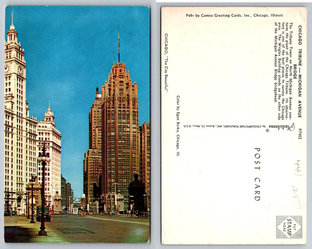 Vintage Chicago Tribune Tower Wrigley Building Michigan Avenue Postcard