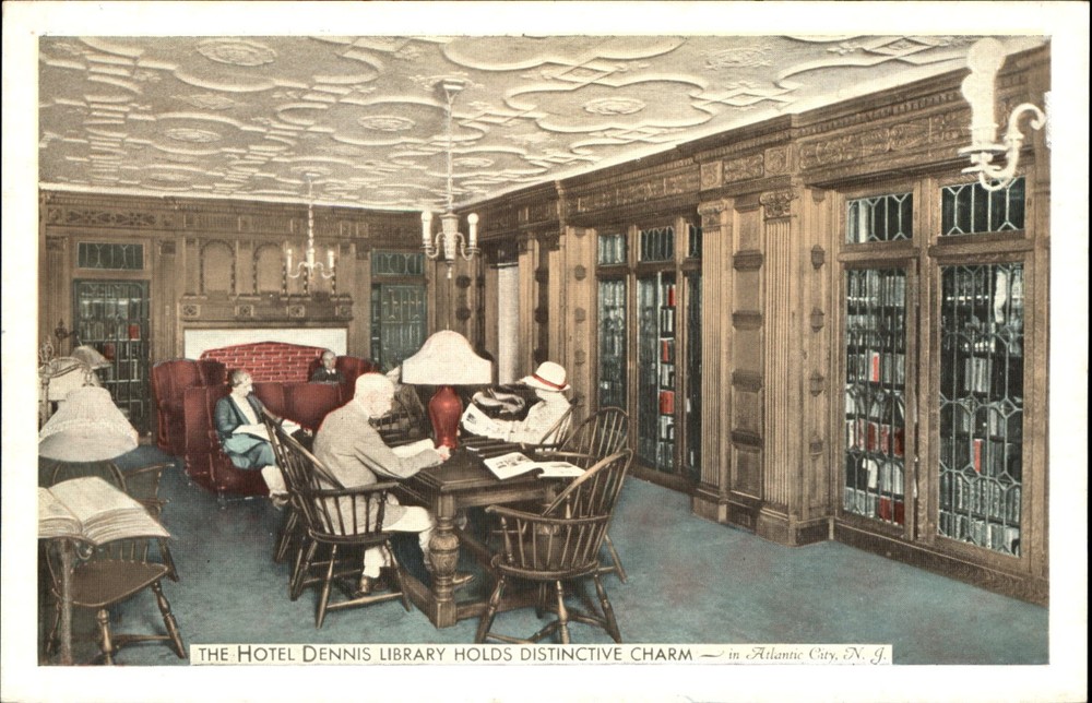 Library of Hotel Dennis Atlantic City New Jersey ~ 1950s vintage postcard