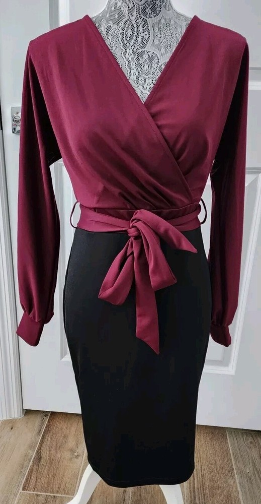 Grace Karin Black & Burgundy Long Sleeve Stretchy Knee-Length Dress Small
