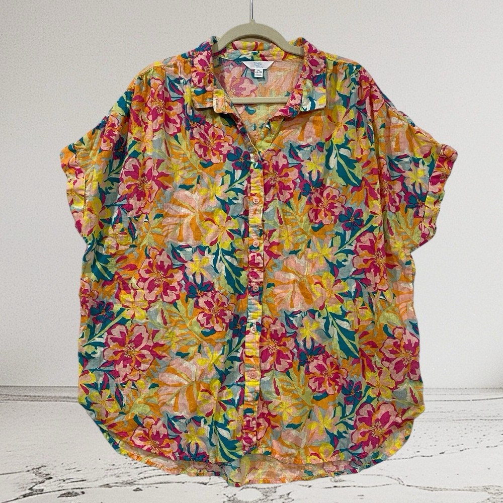 Time and Tru Women's XL Floral Tropical Button Front Linen Blend Cap Sleeve Top