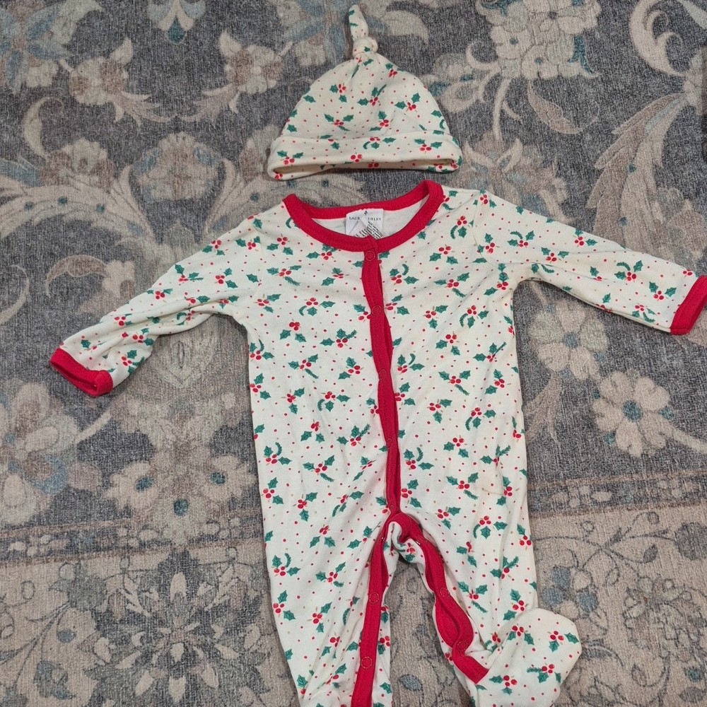Laura Ashley Christmas 2-Piece Outfit Set 0-3 Months Coverall Hat