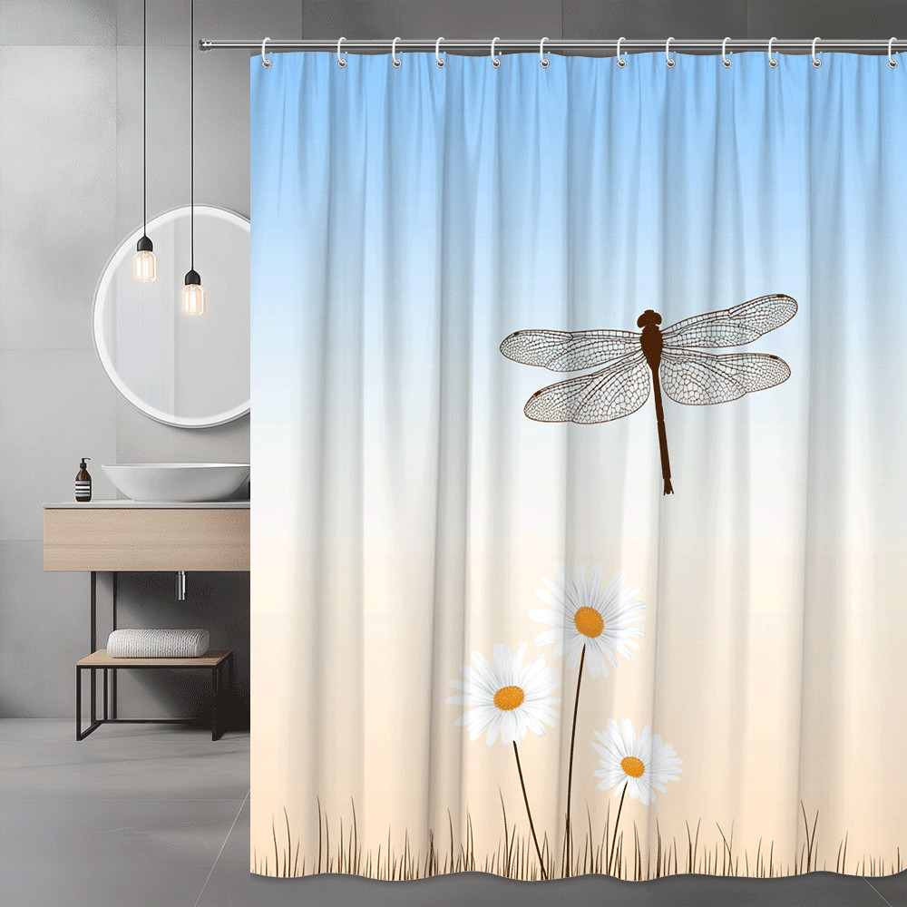 Dragonfly and Daisy Shower Curtain, Blue Sky Floral Print