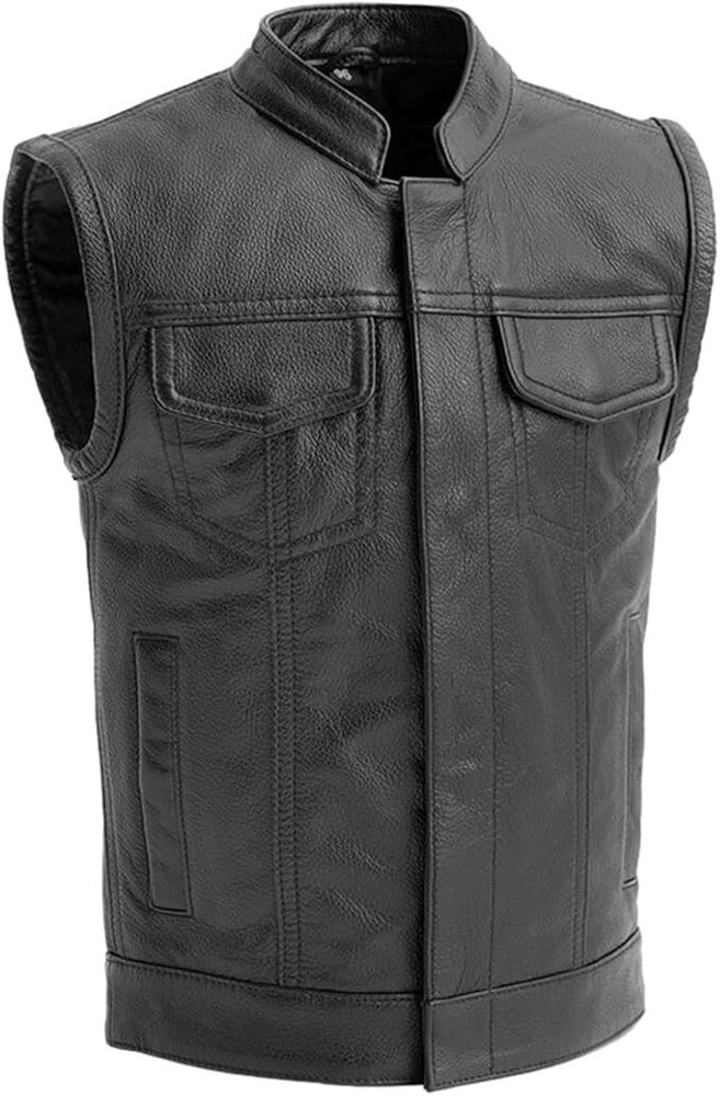 Men's Riding Biker Leather Vest - Classic Rider Hunt Club Pocket Motorcycle Vest