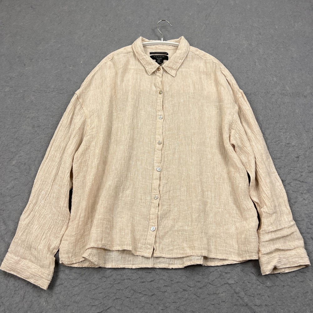 Tahari Top Womens XL Beige 100% Linen European Flax Woven Button Up Shirt Beachy