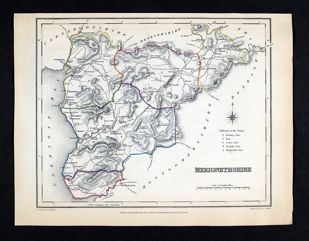 1831 Lewis Map Merionethshire Wales Corwen Dinasmowddwy Tywyn Harlech Barmout UK