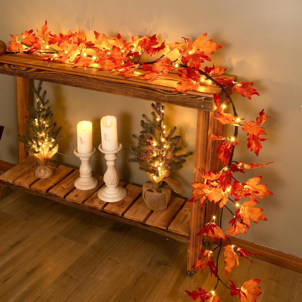 6.56Ft Maple Leaf Fall Garland with Orange Lights